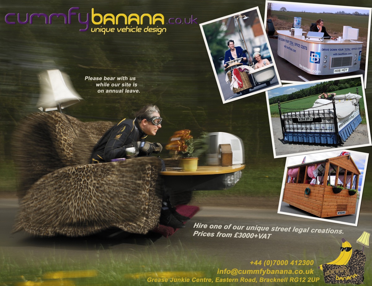 Cummfy Banana - the wacky world of Edd China's motorised furniture.  Click here for Grease Junkies - Wheeler Dealers Edd China recommends products and tools for your car, garage and workshop